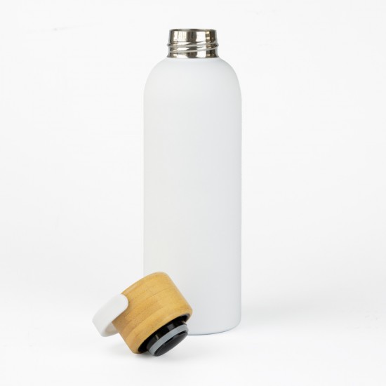 Botella Doble Pared Tapa Bambu Blanco Botella Doble Pared Tapa Bambu Blanco
