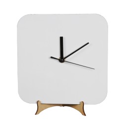 Reloj cuadrado Madera Cristal sub. 20x20cm c/soporte y caja